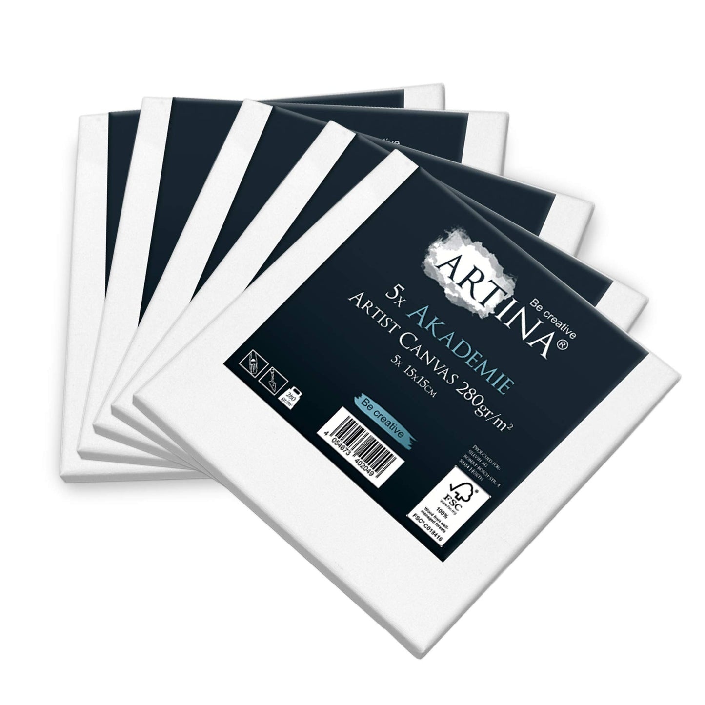 Artina FSC® Small Canvas for Painting 15x15 cm - 5pcs Blank Canvases for Art for Acrylic, Watercolour & Oil Painting - 100% Cotton Canvas Stretcher Frame 280 g/m² - Akademie