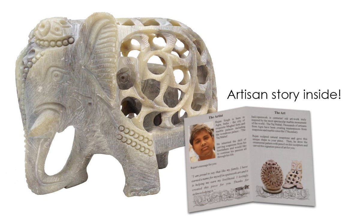 Stone Elephant Mom with Baby in Tummy Statue/Sculpture - Impossible Stone Art 5" Soapstone Collectible Elephant Figurine of Mother Elephant with Baby Inside - Unique Elephant Decor Gifts