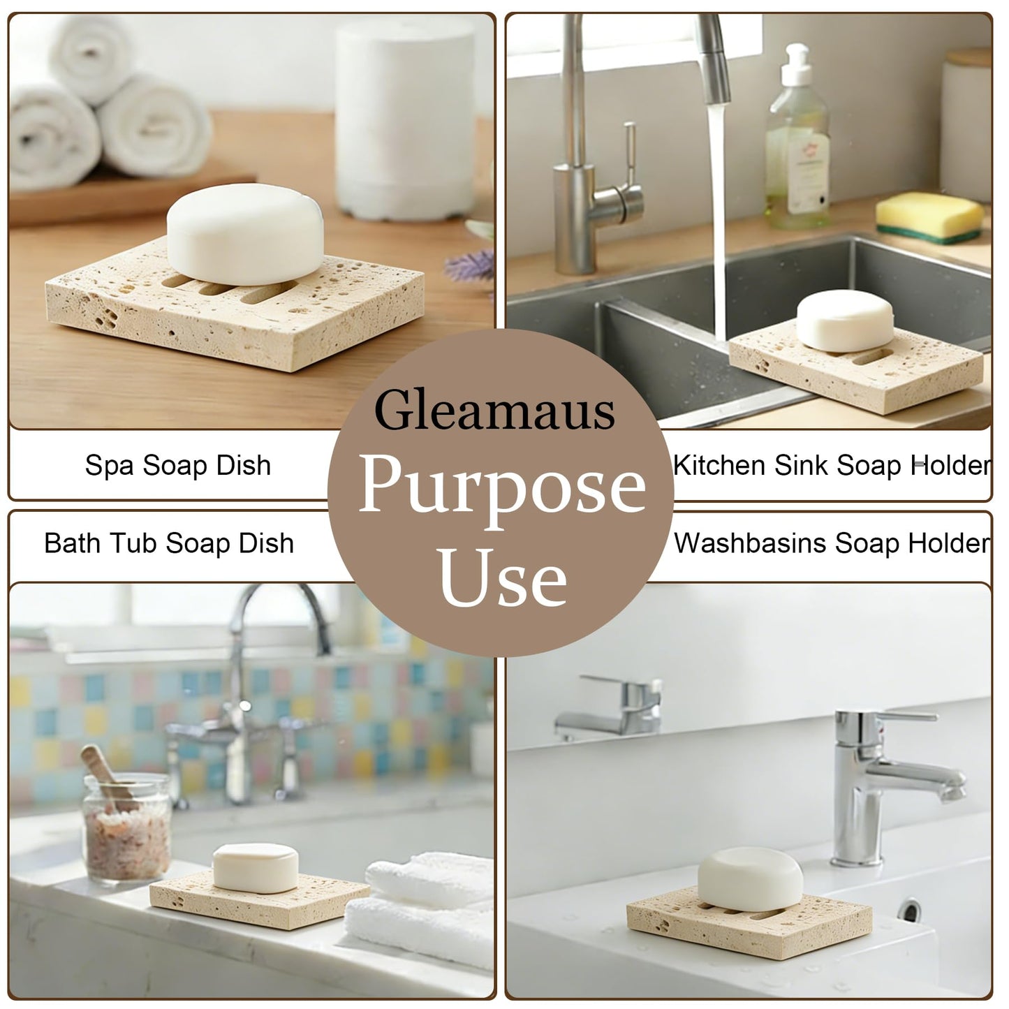 Natural Marble Soap Dish for Shower Stone Tray Small Bar Soap Holder with Self Draining | Non-Slip, Luxury Bath Room Accessories, Sponge Dish Scrubbers Tray for Kitchen Sink Counter Top (Travertine)