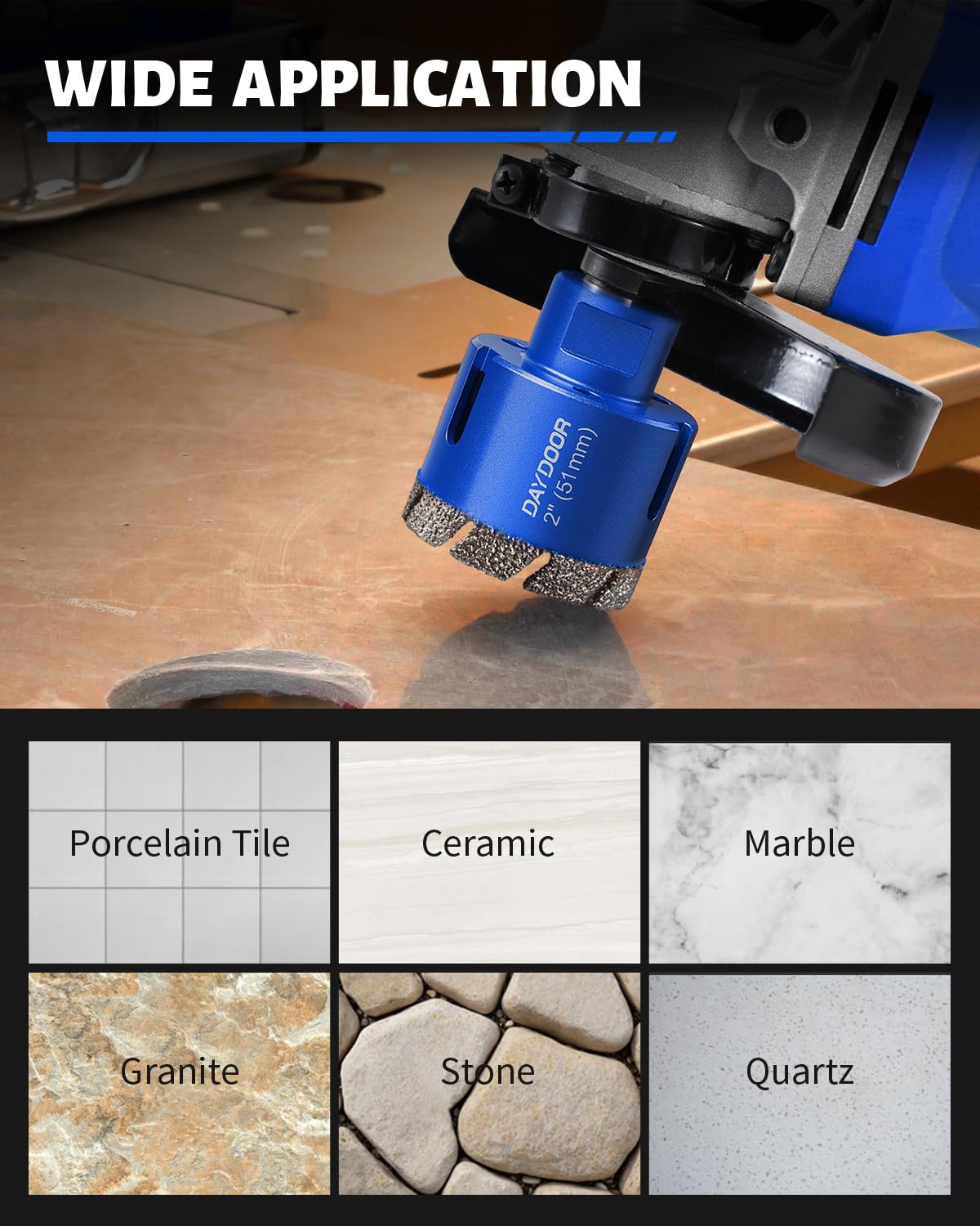 DAYDOOR Diamond Hole Saw Kit, 15-Piece Tile Hole Saw Kit 1/4" 5/16" 4/5" 1" 1-3/8" 2" 3" 4",Vacuum Brazed Core Drill Bits for Porcelain Tile, Granite, Marble, Stone(Blue)