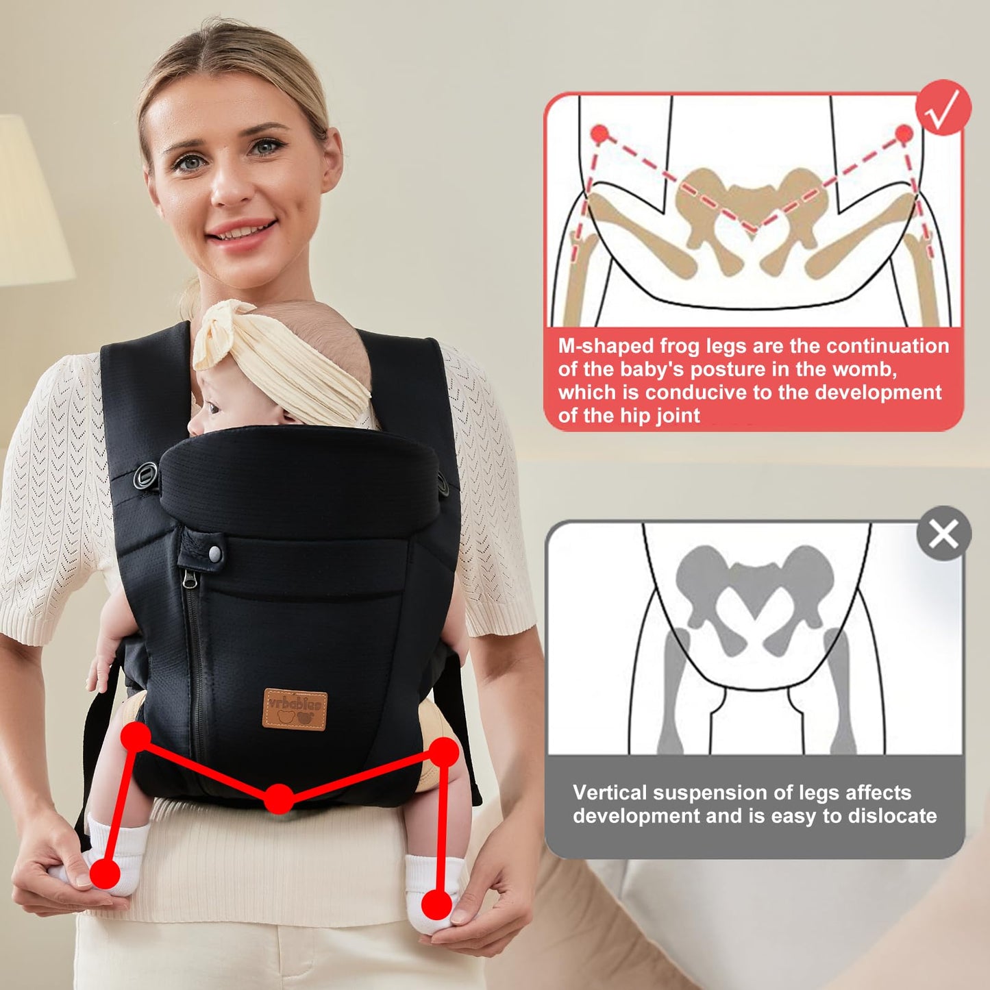 vrbabies Baby Carrier from Newborn, Ice Silk Baby Sling with Adjustable Belt & 3D Breathable Mesh, Face-in and Face-Out Front and Back Carry for Newborns and Older Babies 4-15kg Bl-Belt