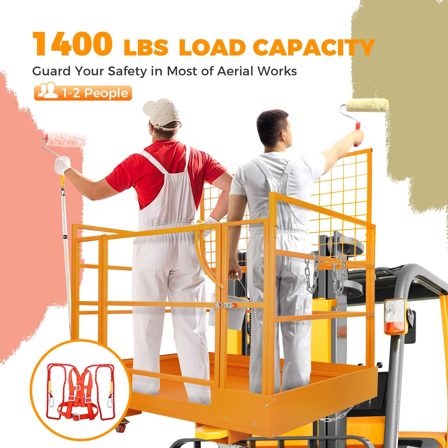 45x43 Inch Forklift Safety Cage 1400 lbs Capacity, Aerial Lift Basket, Collapsible Design, 4 Wheels