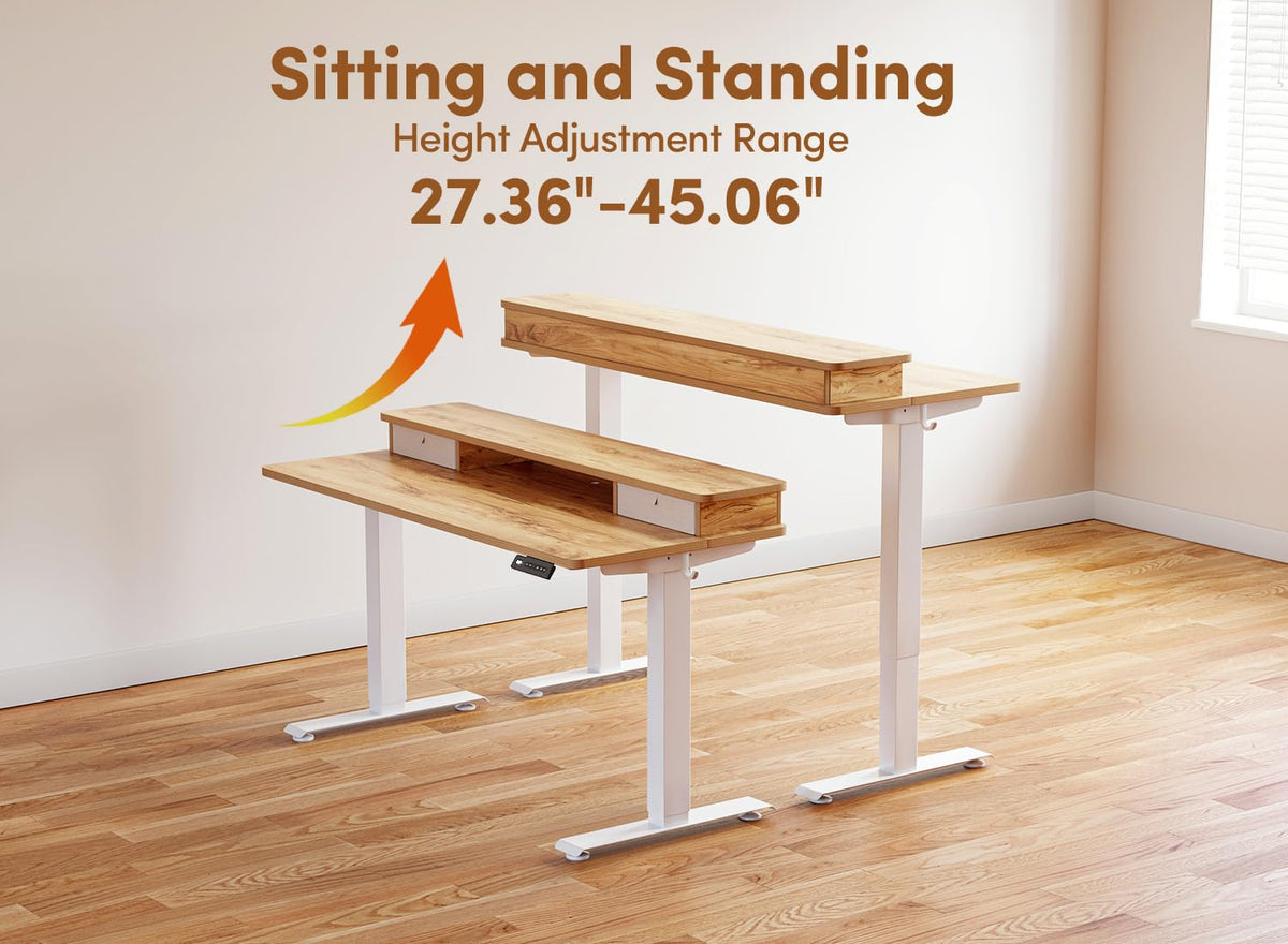 CubiCubi 55 x 24 Inch Electric Height Adjustable Standing Desk with Double Drawers, 4 Adjustable Feet & 2 Hooks, Home Office Computer Workstation, Light Rustic