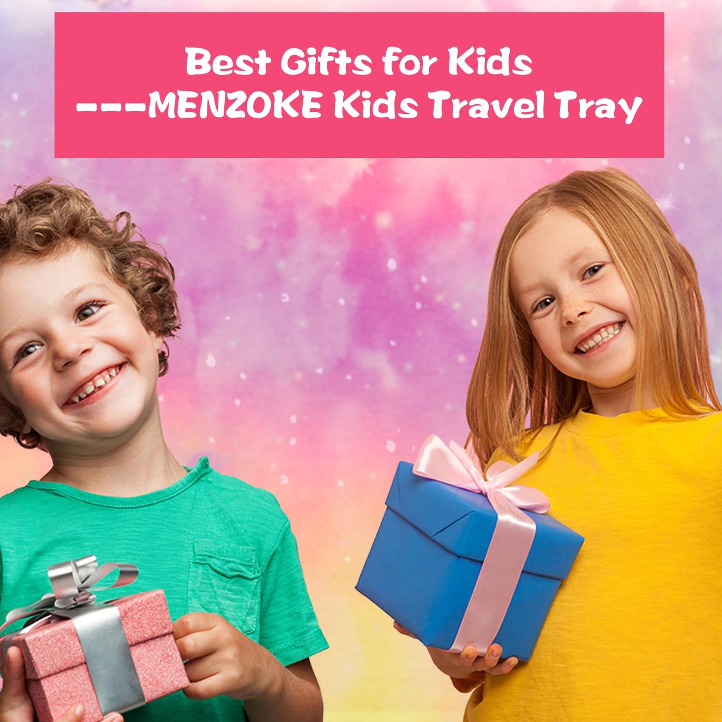 MENZOKE Kids Travel Tray, Car Seat Table Tray, Road Trip Essentials with Educational Drawing Board, Tablet Holder & Cooler Cup Holder, Travel Table for Kids Gifts in Car, Airplane, Multicoloured