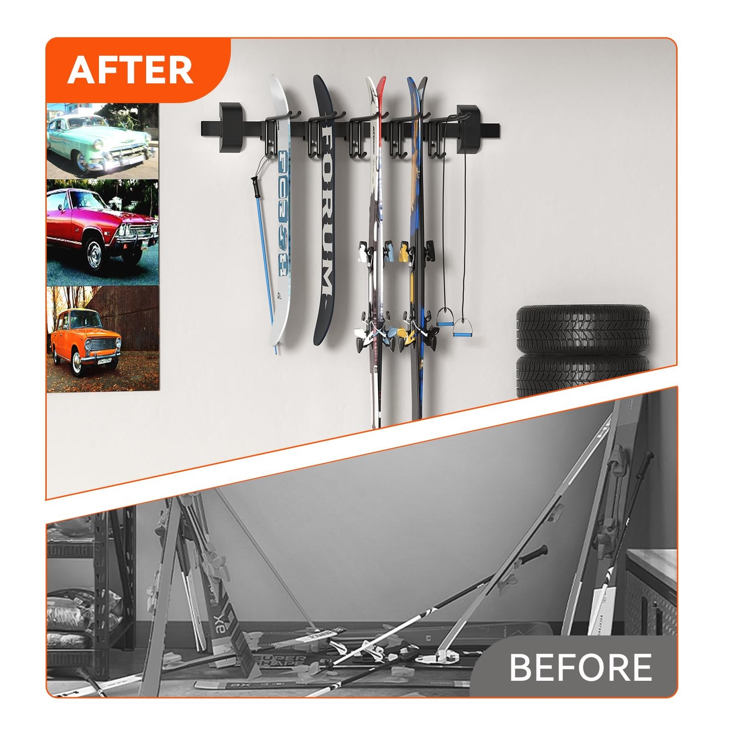 Tdrynl 32" Ski & Snowboard Wall Rack β Heavy-Duty Wall Mounted Ski Storage for Garage, Holds 10 Pairs with 5 Adjustable Hooks, 300lbs Capacity, Non-Slip Rubber, Easy Install | Ski Holders for Wall