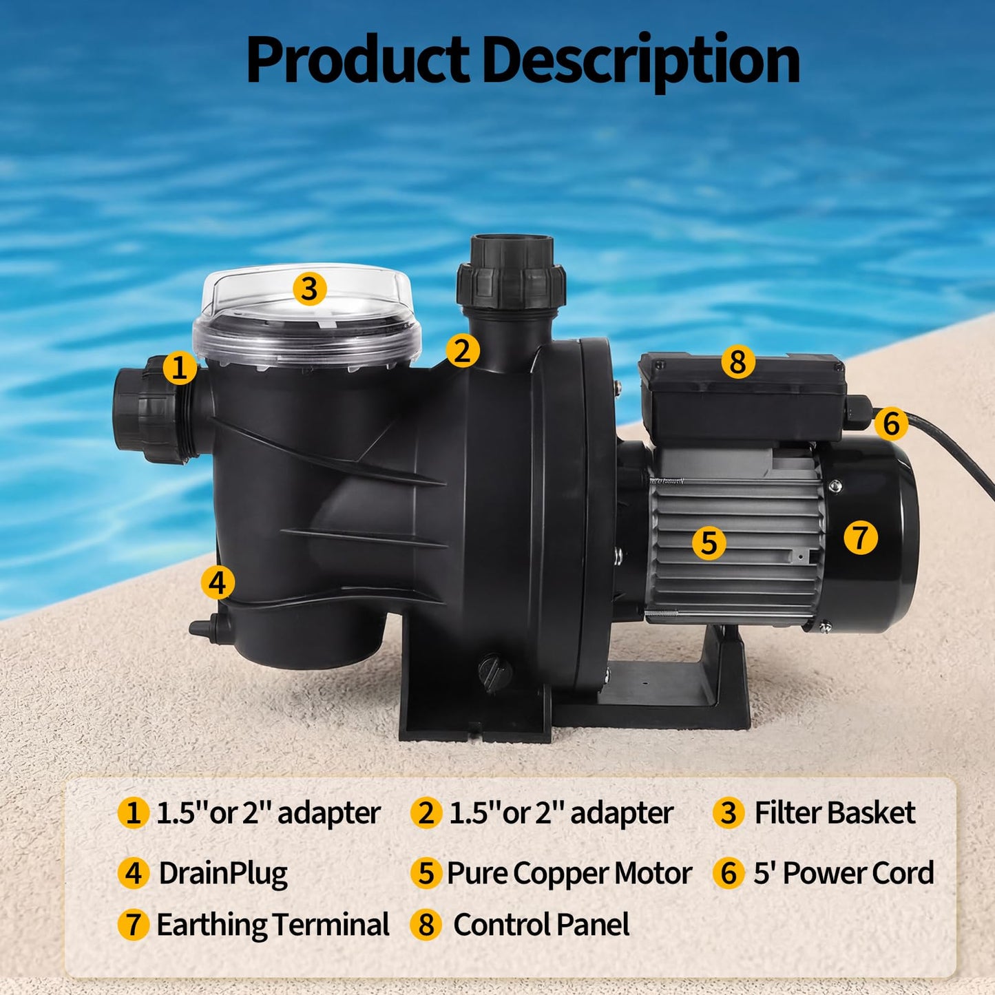 Garvee in/Above Ground Pool Pump High Flow Self Primming Swimming Pool Pump, 115V High Efficiency Pump for Above Ground Pools Pond Hot Tubs Spas, 7FT Power Cord, Quiet Operation (1.6 HP, 6075 GPH)