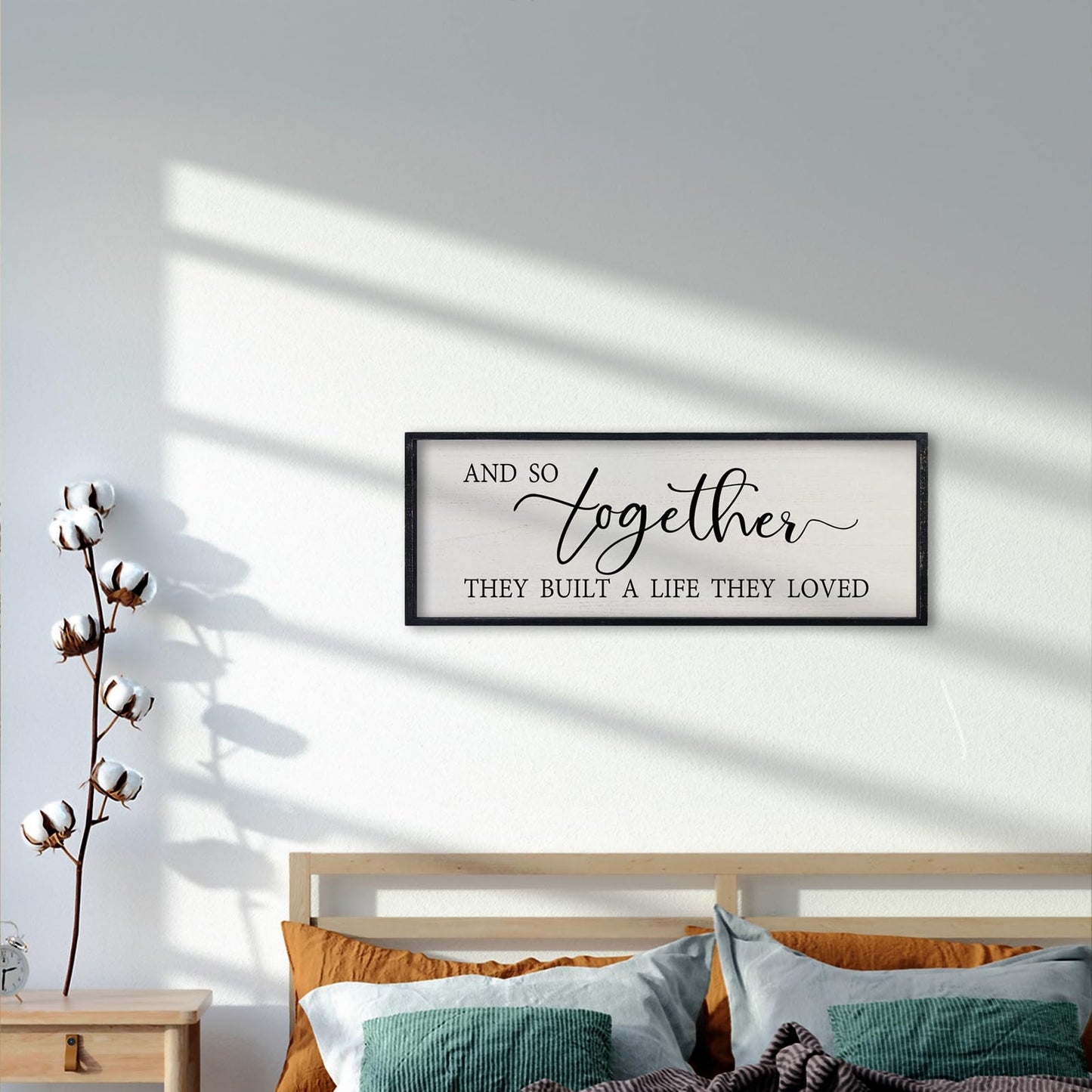 comurdyo Love Quote Wall Art And So Together They Built A Life They Loved Sign 32×12 Inch for Master Bedroom Over the Bed Living Room Farmhouse Rustic Wood Framed Wall Hanging Decor (Black)