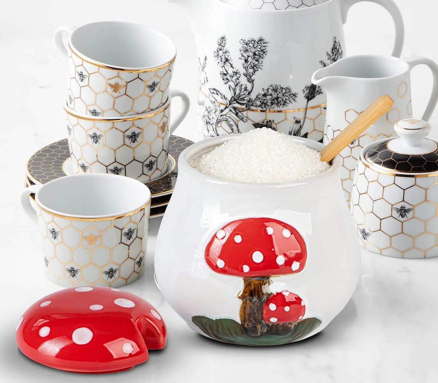 dgudgu Mushroom Sugar Bowl With Lid And Spoon Ceramic Sugar Bowl For Countertop Sugar Dish With Lid And Bamboo Spoon Sugar Container