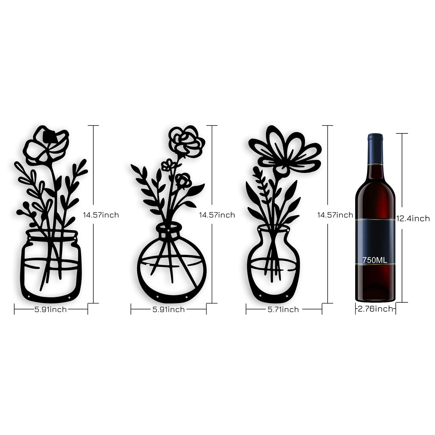 3 Pieces Black Metal Flowers Wall Decor Grandma Mothers Day Gift Birthday Gifts for Women Wall Art Metal Wall Sculptures Hanging for Indoor Kitchen Bathroom Bedroom living room 14.56x5.9 inches