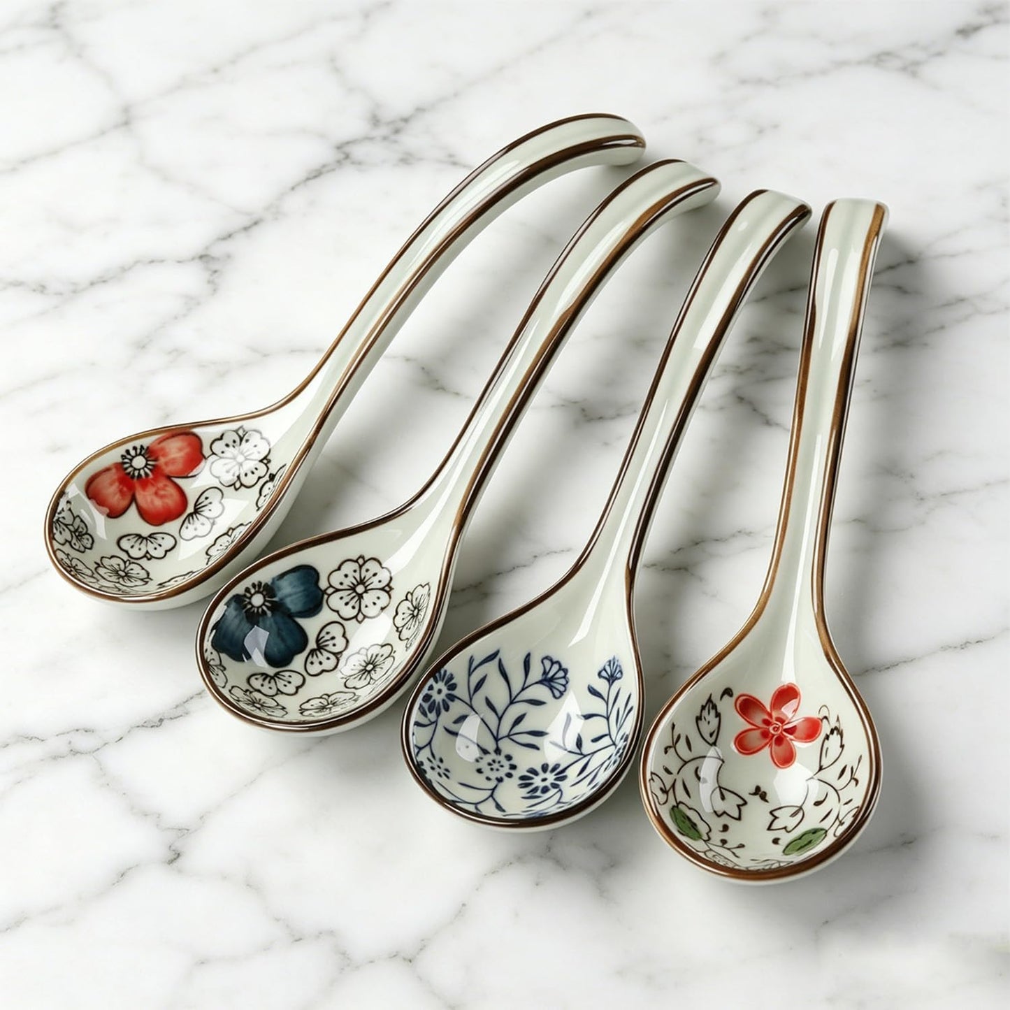 4 PCS Soup Spoons,Japanese Spoons,Ceramic Spoons, Chinese Asian Spoon Ramen Spoons, Pho Spoons for Ramen, Vietnamese Wonton, Dumpling Pho Miso Rice Noodle Soup Spoons - Set of 4