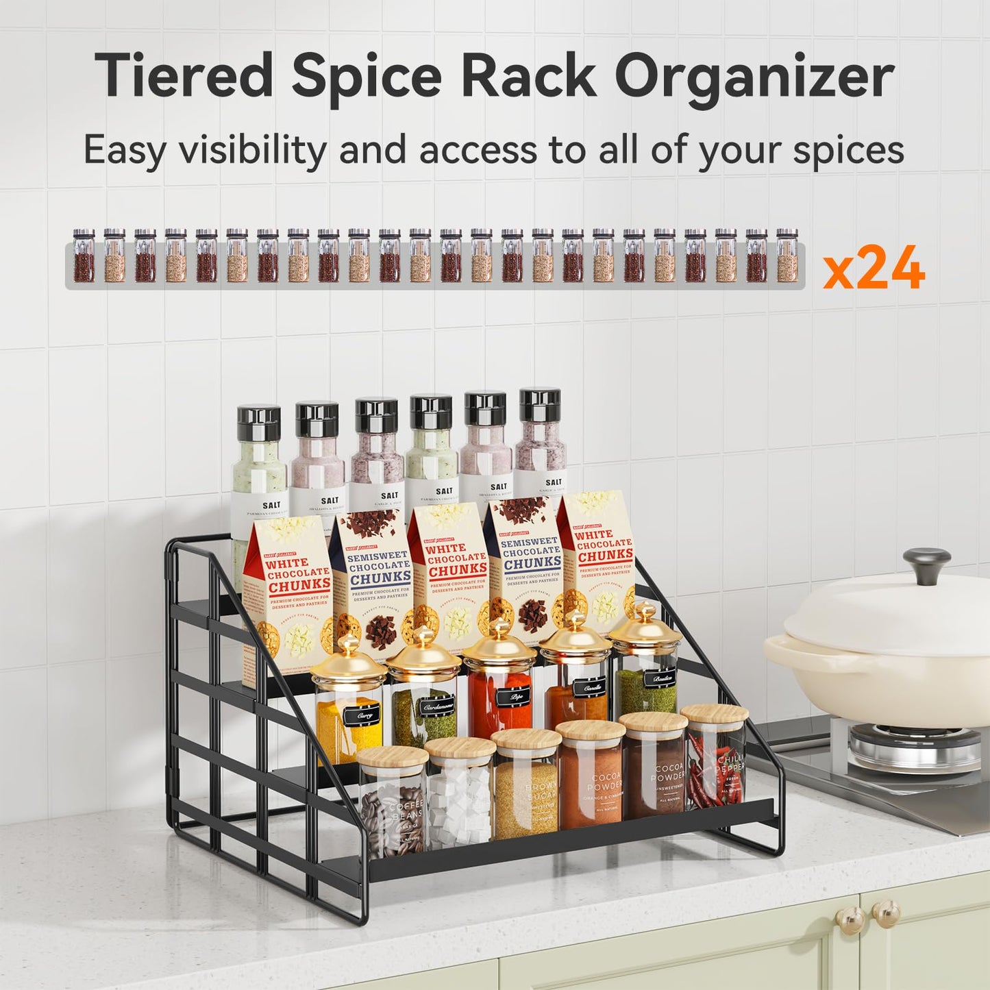 Bunoxea 4 Tier Adjustable Spice Rack for Cabinet & Countertop, Black