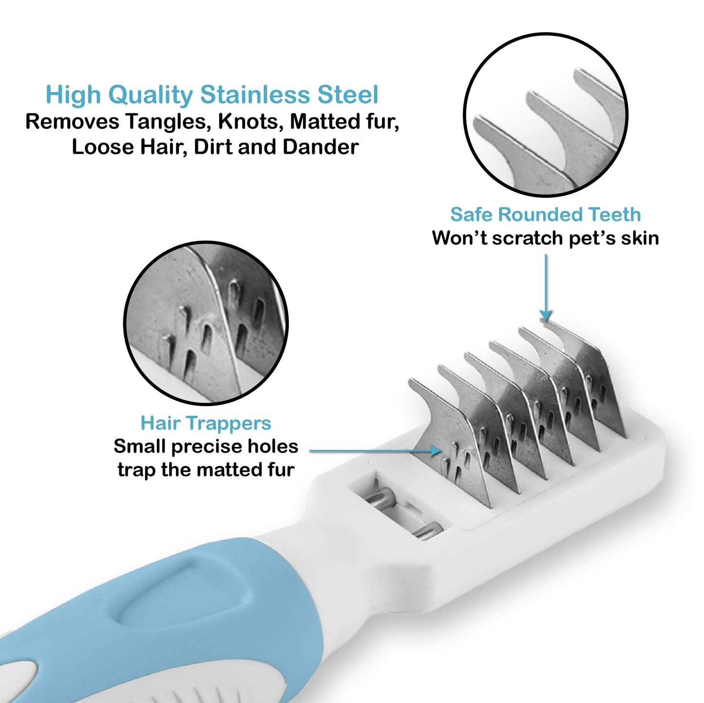 Pets First Professional Pet Mat Remover - Dematting Tool for Grooming Cats & Dogs - Removes Matted Fur, Tangles, Knots, Loose Hair & Dirt - Stainless Steel, Gentle Teeth,Blue,7 x 1 inches