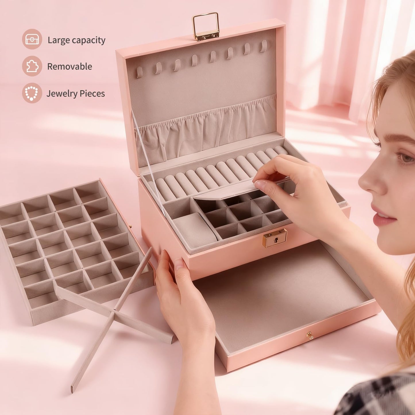 Greenfeather Jewelry Boxes for Women, Jewelry Organizer Box with Lid 3 Layers for Necklaces Rings Earrings and Bracelets Box to Store Jewelry Pink Ideal