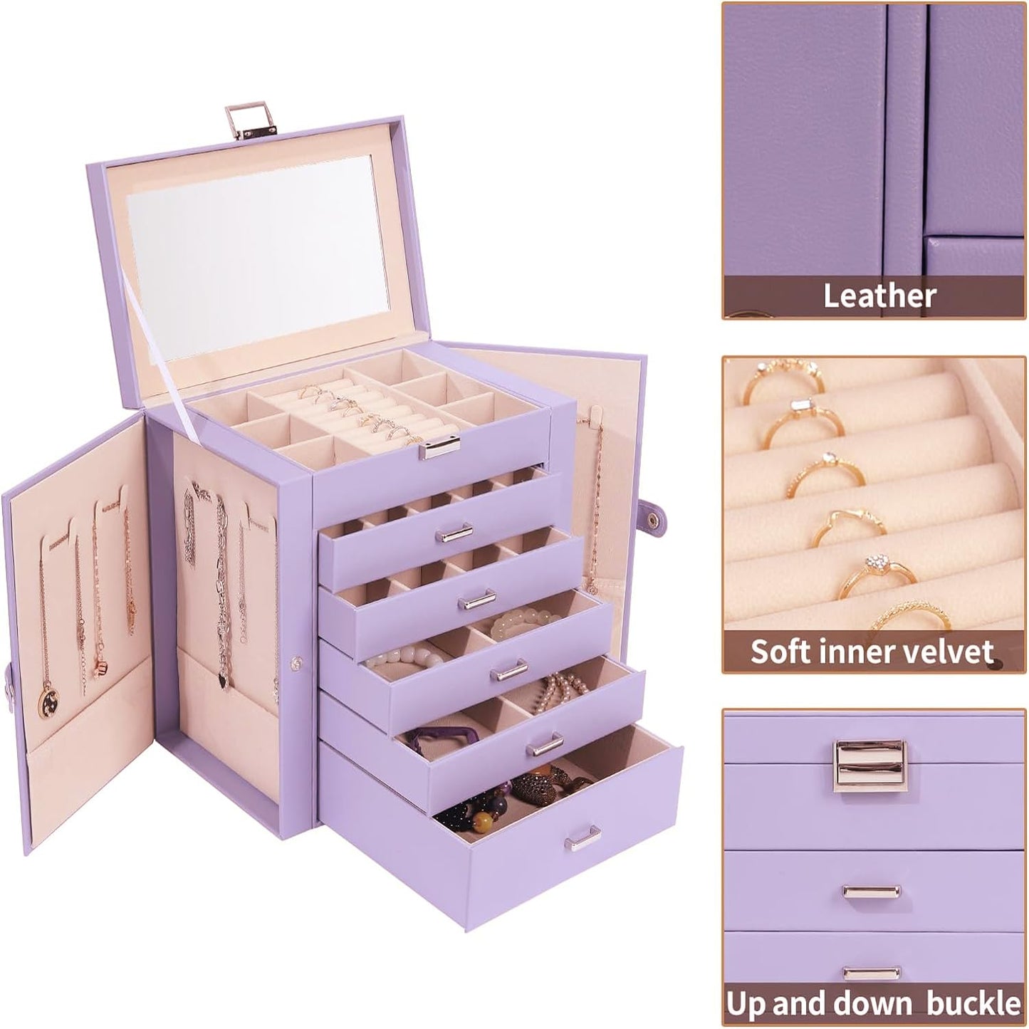 ASINGYER Jewelry Box for Women, 6 Layer Large Jewelry Holder Organizer with 5 Drawers for Jewelry Storage, Big Jewelry Box for Womens’ Christmas Gift (lavender)