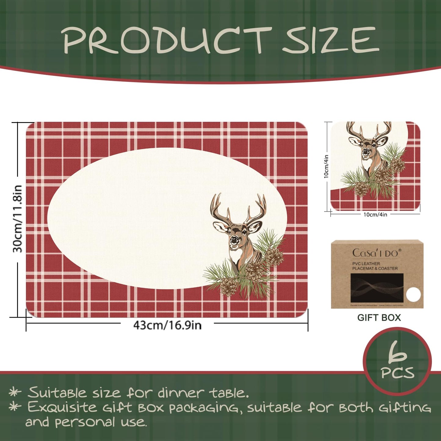 Casaido Christmas Plaid Placemats, Table Placemats Set of 6, with Coasters Waterproof Place Mats, Heat Resistant,Easy Clean Non-Slip Place Mats, Checkered Placemats,Anti Slip Dining Table Place Mats