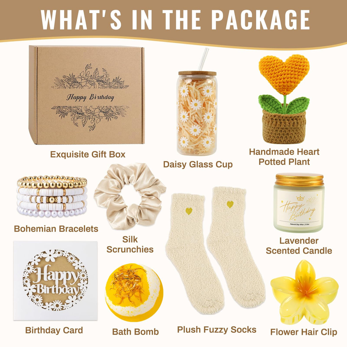 Birthday Gifts for Women, Unique Happy Birthday Gift Baskets for Teen Girls, Women, Her, Best Friend, Daughter, Sister, Self Care Package Cute Daisy Aesthetic Glass Cups Gift Box 9pcs Set