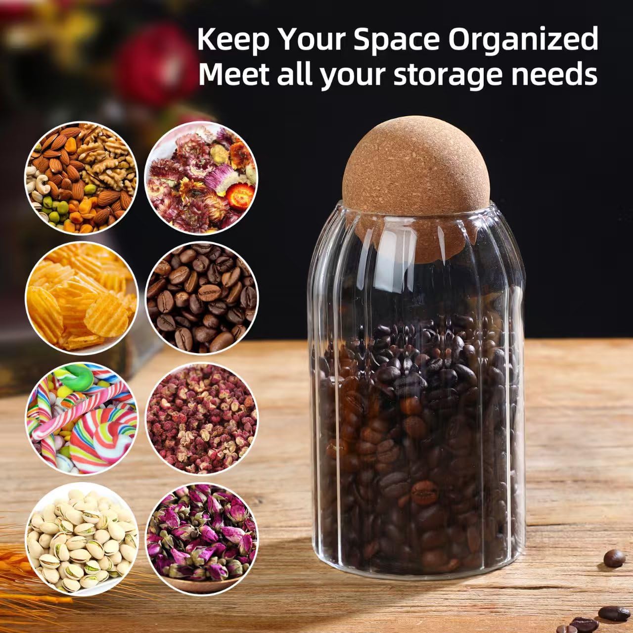Glass Storage Jar with Ball Cork Lid, Clear Glass Canisters with Cork Ball,4Pcs High Borosilicate Glass Sealed Jar 16oz 26oz 36oz 46oz, Used for Storing Candies, Salt, Tea, Seasonings, Cookies, etc