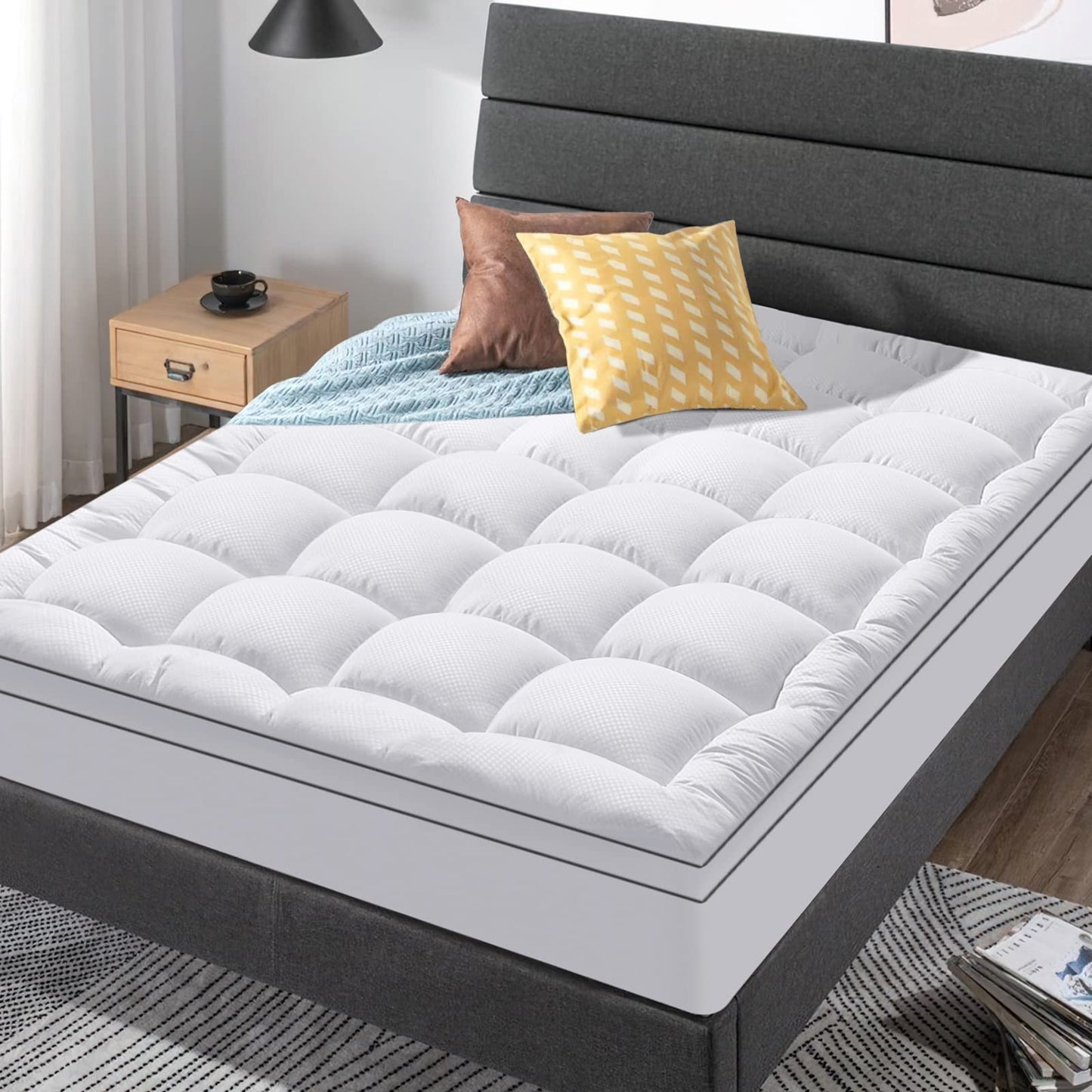 Queen Size Mattress Topper for Back Pain, Cooling Extra Thick Mattress Pad Cover with 8-21 inch Deep Pocket, Plush Pillow Top Mattress Topper Overfilled with Down Alternative, Queen Size, White