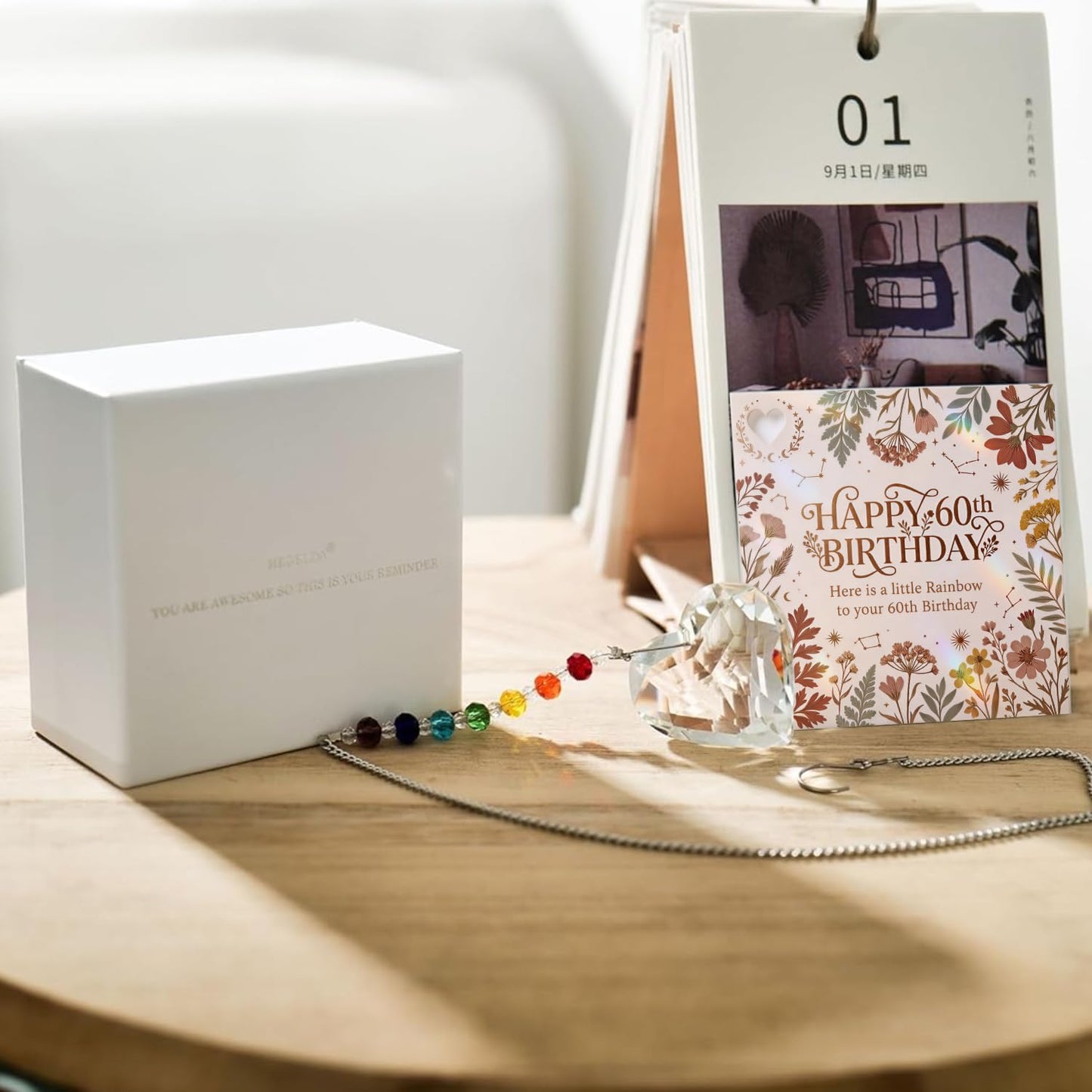 Hegelda 60th Birthday Decoration Gifts for Women, 60 & Sensational Gift for Mom Grandmother, Elegant Crystal Suncatcher Window Prism, Meaningful Diamond Milestone Keepsake with Card