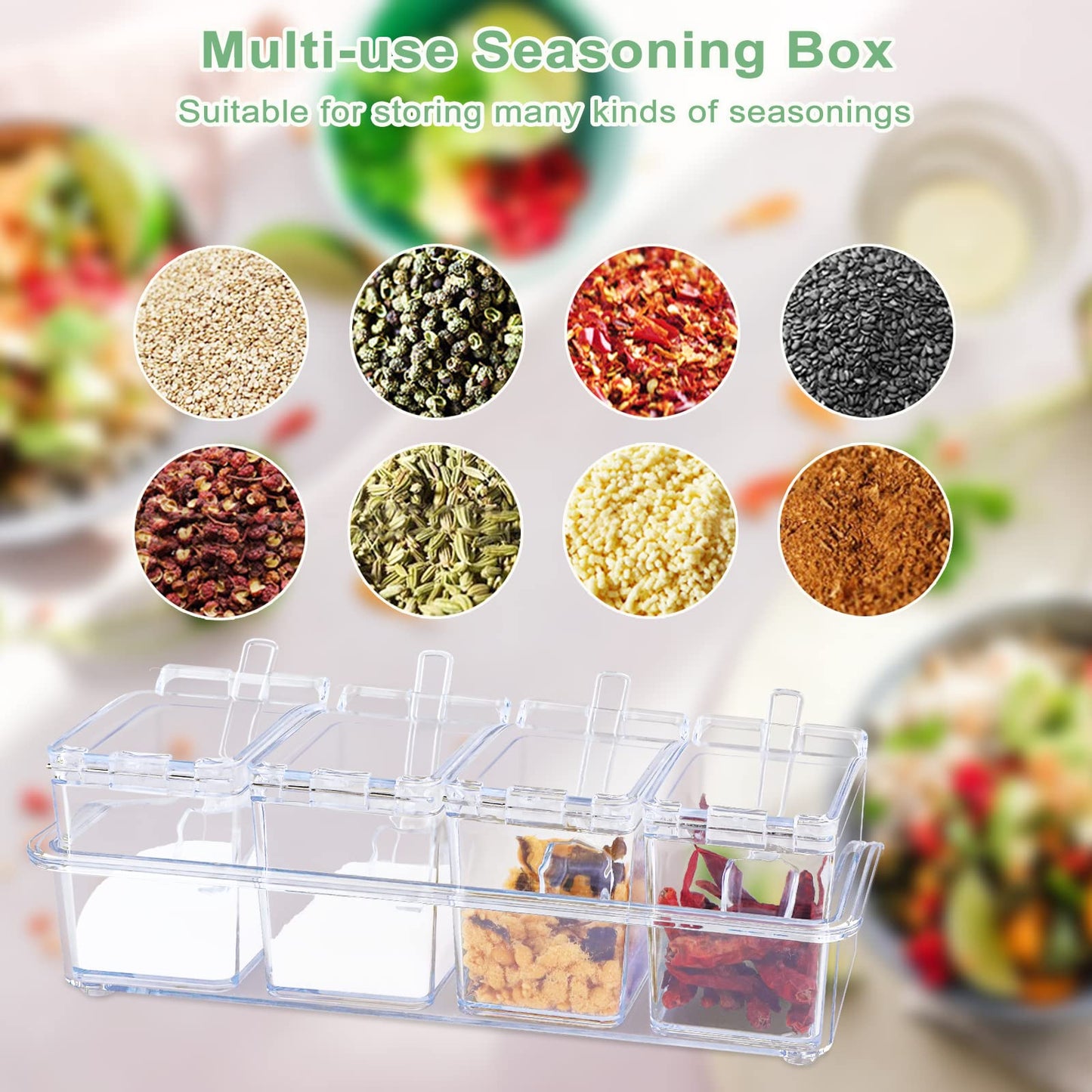SHAIDOJIO Clear Seasoning Box, 8 Piece Seasoning Rack Spice Pots, Plastic Storage Container Condiment Jars with Lids and Spoon, Kitchen Organization Containers for Spice, Salt, Sugar, Cruet (2 Set)