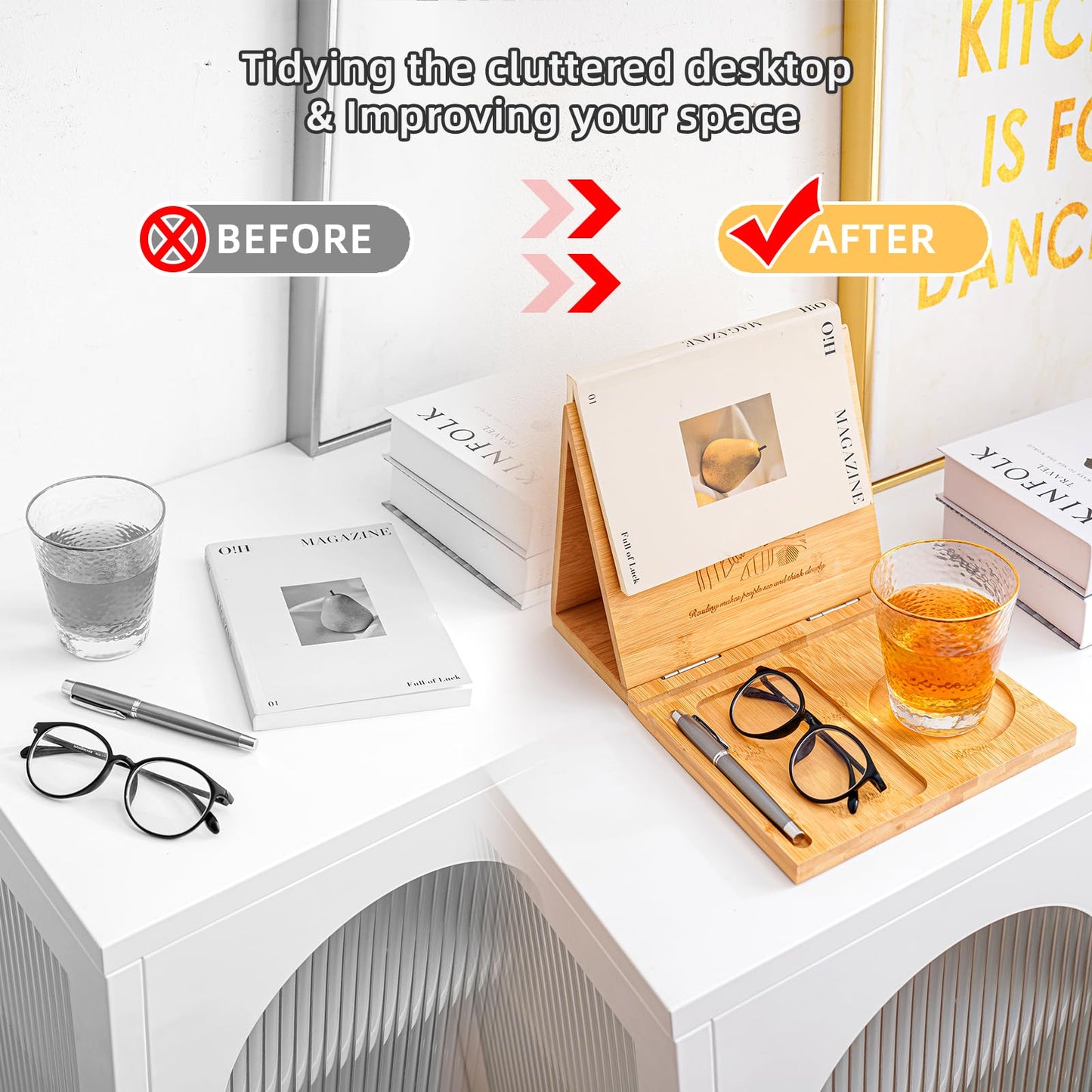 Denchware Foldable Book Rest,Triangle Book Holder,Bamboo Book Nook Reading Valet,Book Stand with Glasses,Pen,Cup and Phone Holder,Gifts for Book Lovers