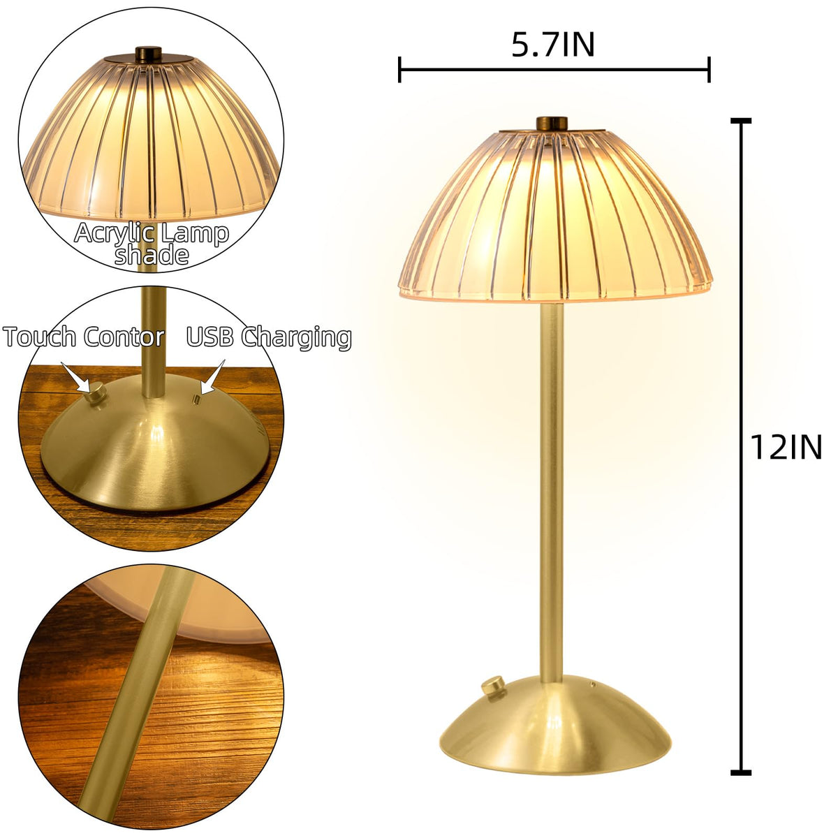 HAPYGI Portable Battery Operated LED Table Lamp with Touch Sensor, Gold Cordless Brass Rechargeable Lamp, Bedside/Night Light/Restaurant Table/Outdoor/Coffee/Bar (Mushroom Lamp)