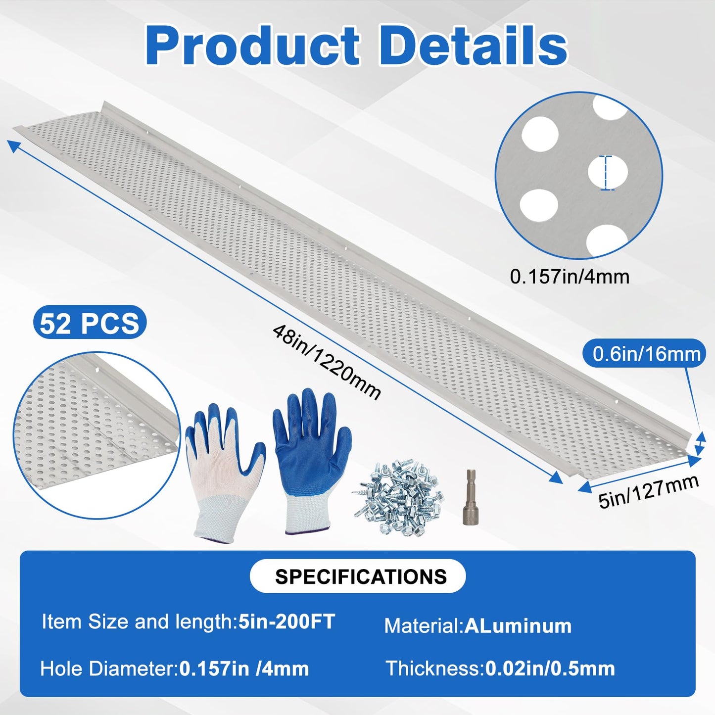 5 Inch Gutter Guard – (Mill Finish,52 PCS-200 Feet Total Length) Premium Aluminum Leaf Protection for Roof Gutters, Heavy-Duty DIY Easy Install, Clog Prevention for Leaves & Debris