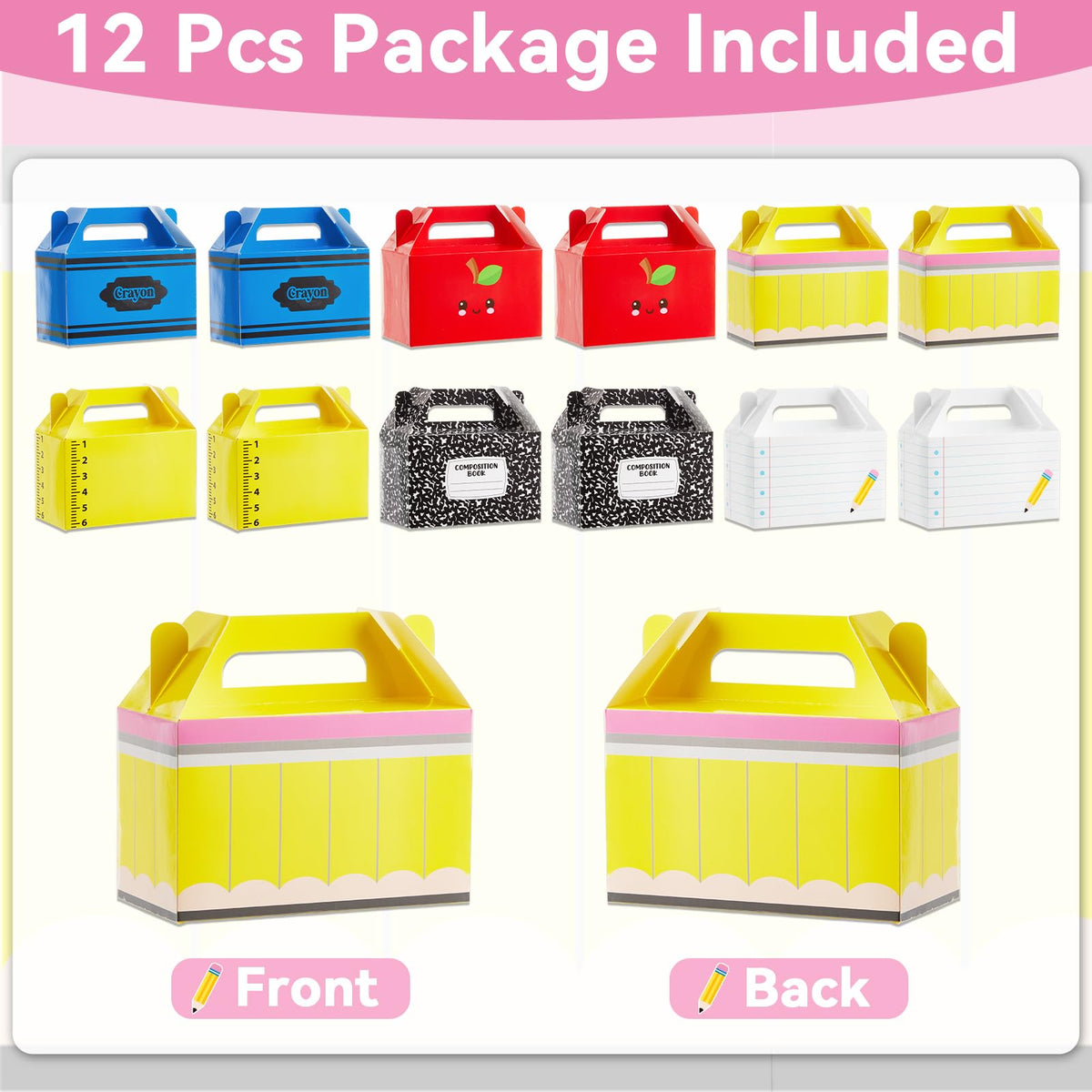 12Pcs Back to School Gift Boxes First Day of School Party Treat Boxes Pencil Crayon Apple Goodie Candy Box Teacher Appreciation Party Favor for Student Preschool Kindergarten Classroom Decorations