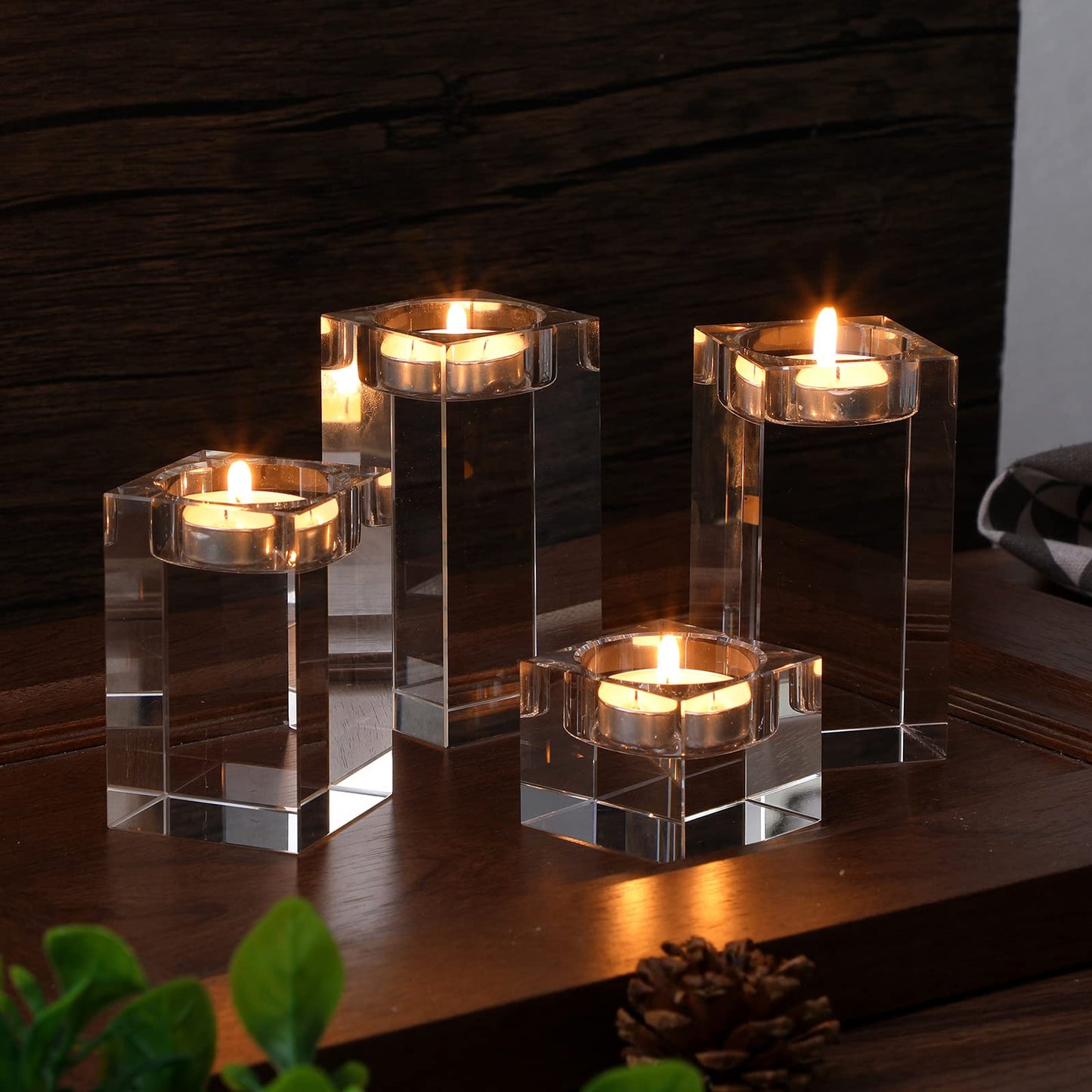 Perthlin 6 Pcs Crystal Tea Light Candle Holders Glass Votive Candle Stands Square Candlestick Holders for Wedding Dining Living Room Centerpiece Decorations, 1.57", 3.15", 3.94"