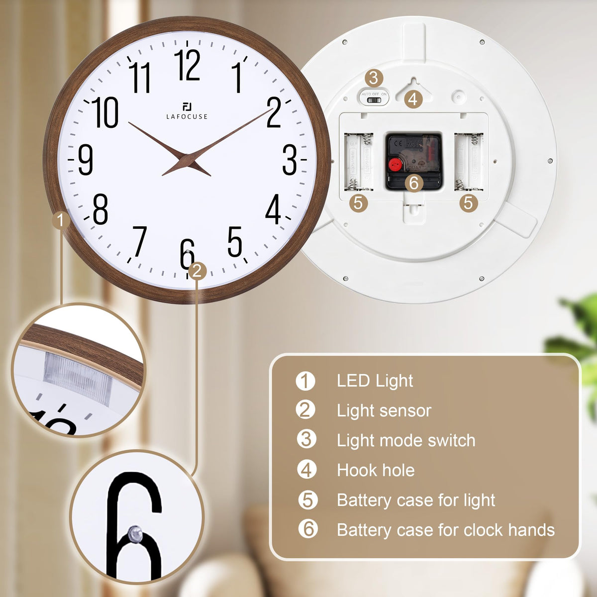 Lafocuse 12 Inch Brown Night Light Wall Clock Battery Operated, Silent Light up Wall Clocks Glow in the Dark for Bedroom Living Room Office