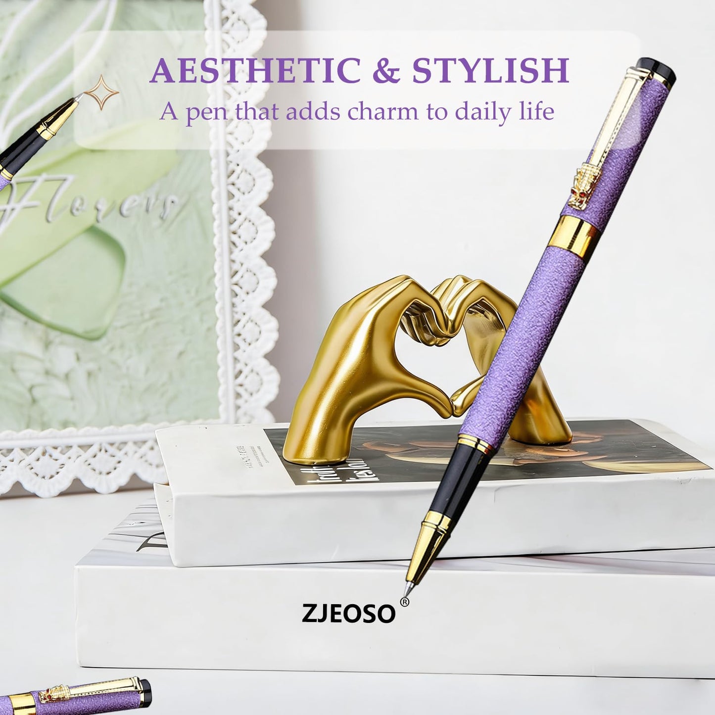 ZJEOSO Fancy Pens for Women, Nice Rollerball Pens with Dragon Design, Elegant Gift Pen, Office & Signature Writing Pen, Refillable Black Ink Business Pen (Purple)