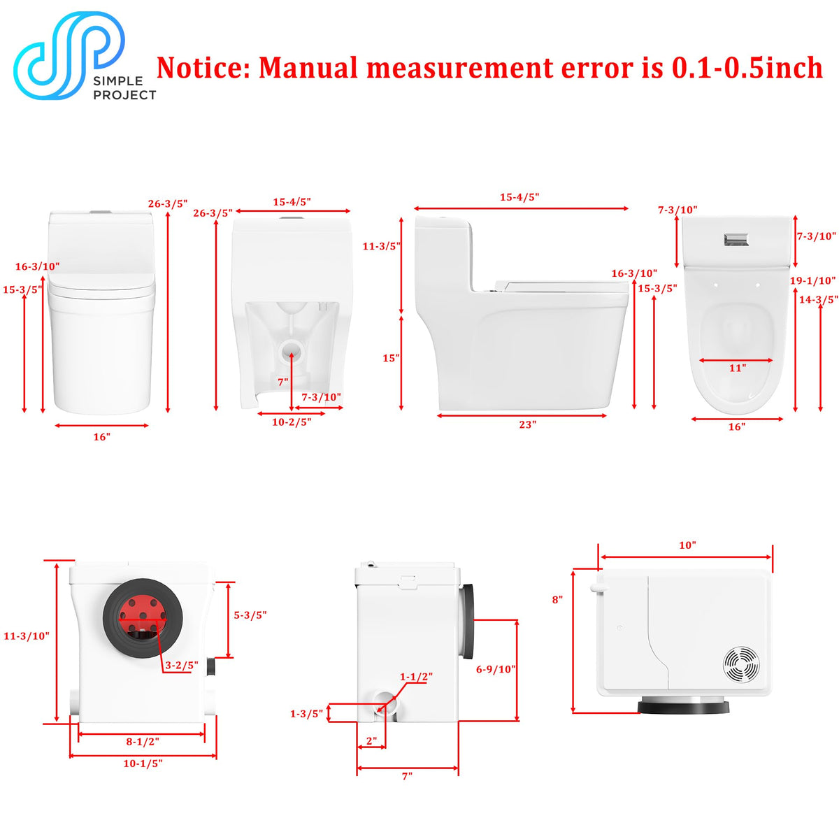 Simple Project 600w Macerating ToiletSystem, One-Piece Upflush Toilet with Pump for Basement, Powerful & Quiet Up Flush Toilets with 3 Water Inlet & AcVent, Rear Outlet Toilet Bowl, Sink & Shower