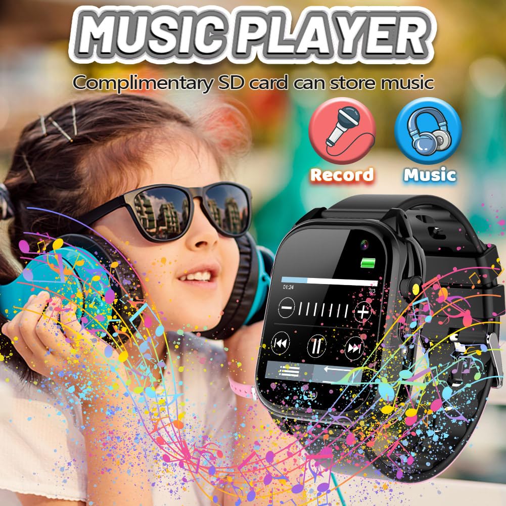 OVV Kids Waterproof Smart Watch Boys Girls Age 3-12 with 26 Game 1.44'' HD Touch Screen Music Player Camera Video Recorder 12/24 Hr Clock Pedometer Alarm Torch Calculator Children Learning Toys