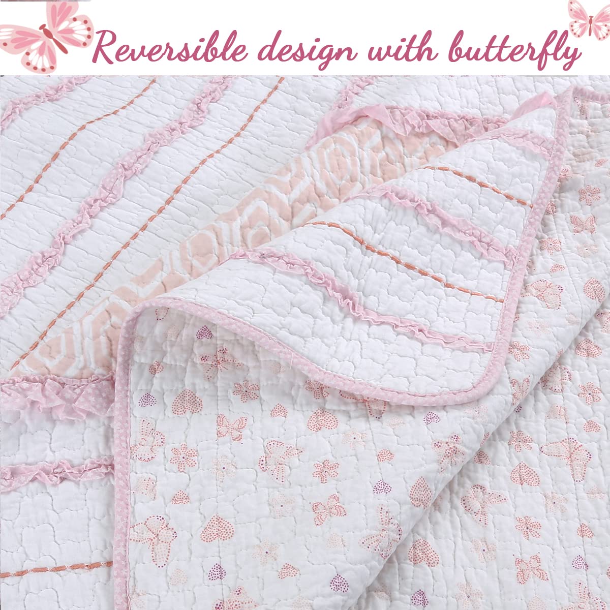 Cozy Line Home Fashions Pretty in Pink Girly Ruffle Stripped 100% Cotton Reversible Quilt Bedding Set, Coverlet, Bedspread (Pink Princess, Twin - 2 Piece: 1 Quilt + 1 Sham)
