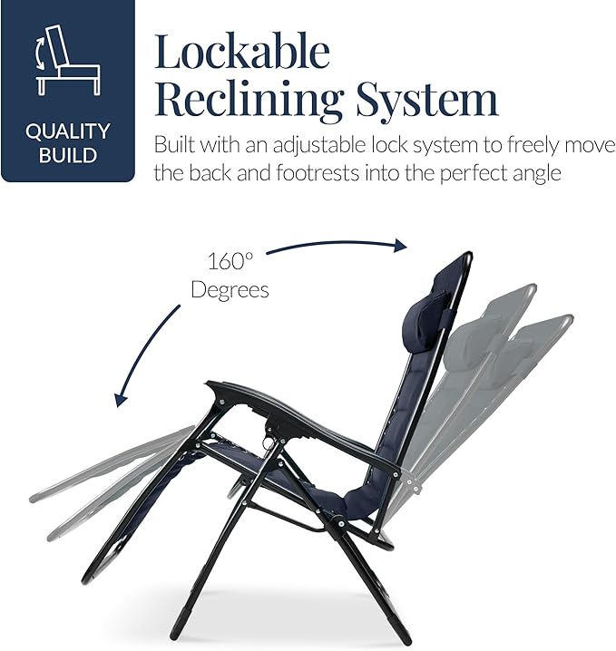 Best Choice Products Oversized Padded Zero Gravity Chair, Folding Outdoor Patio Recliner, XL Anti Gravity Lounger for Backyard w/Headrest, Cup Holder, Side Tray, Polyester Mesh - Navy Blue