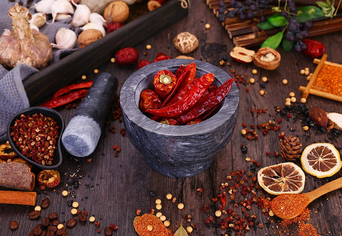 Aisiming Mortar and Pestle Set Polished Natural Marble Guacamole Molcajete Bowl, Spices Grinder with Silicone Pad, Stainless Steel Spoon and Brush, 300ml Capacity Crusher(Medium, Dark Gray)