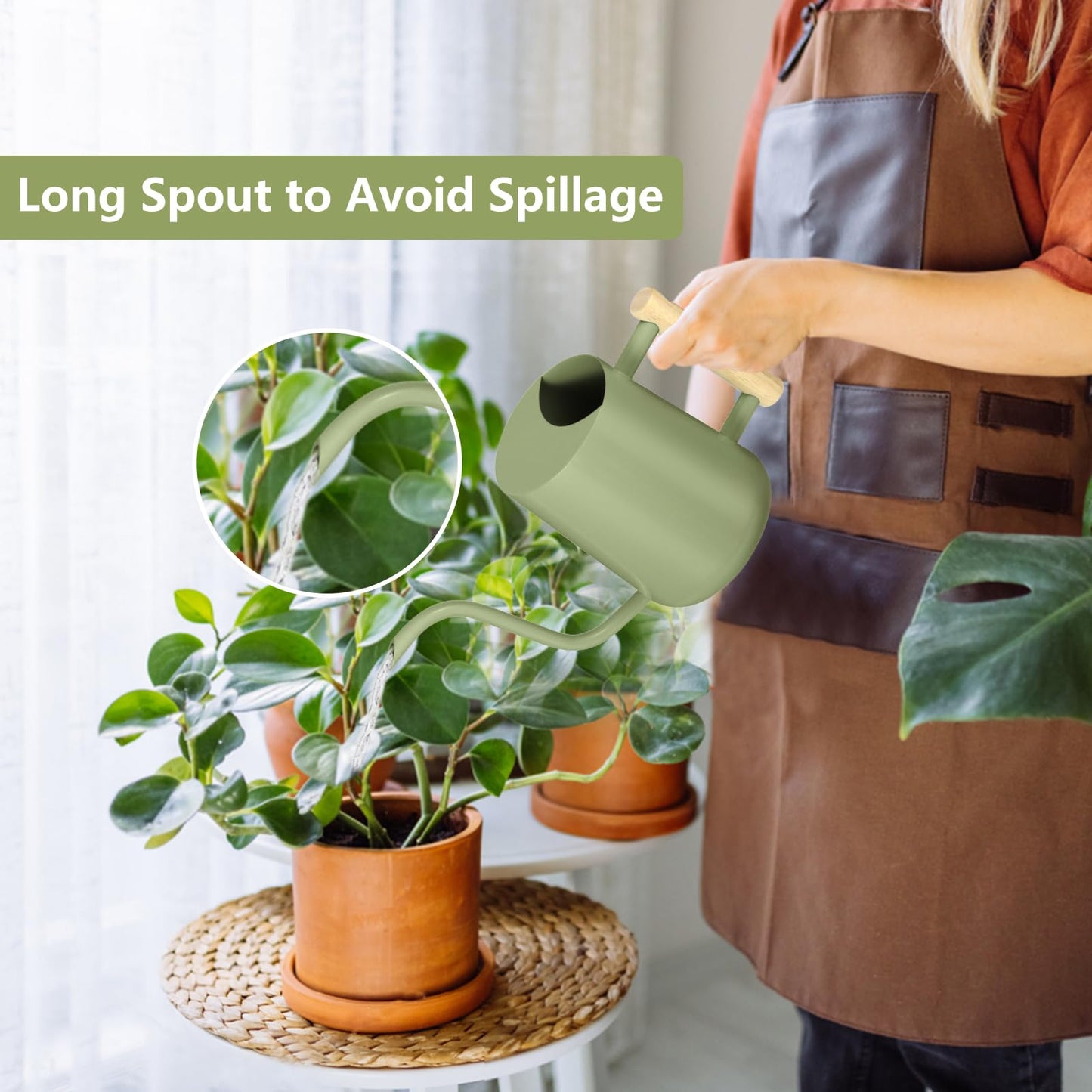 Watering Can for Indoor Plants, 35oz Small Stainless Steel Metal Pot With Long Spout - Modern Decorative for House Plant, Bonsai, Outdoor Garden Flowers - Sage