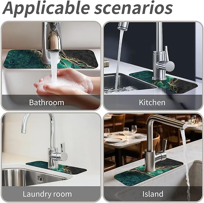 Kitchen Sink Splash Guard,Black and green gold marble Faucet Mat Sink