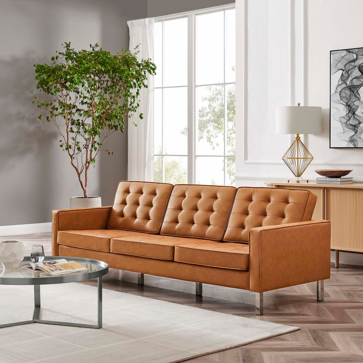 Modway Loft Tufted Button Faux Leather Upholstered Sofa in Silver Tan