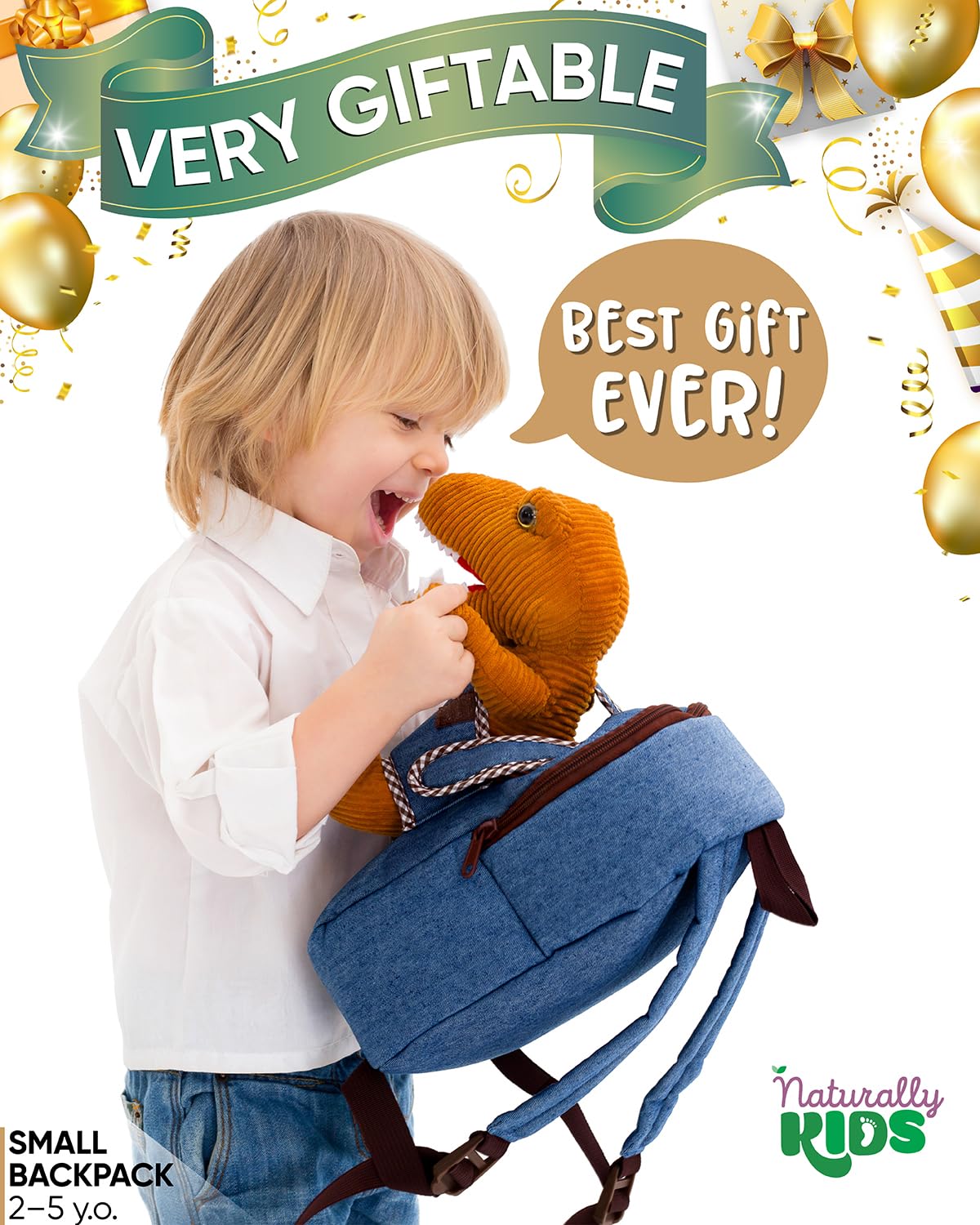 Naturally KIDS Dinosaur Backpack, Dinosaur Toys for Boys, 3 Year Old Boy Gifts, Toddler Backpack