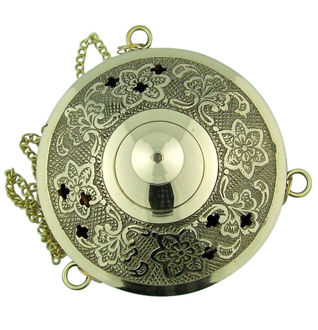 Religious Gifts Gold Plate over Brass Conical Incense Holder, 3 1/2" Dia - 3" H with 9" Chain