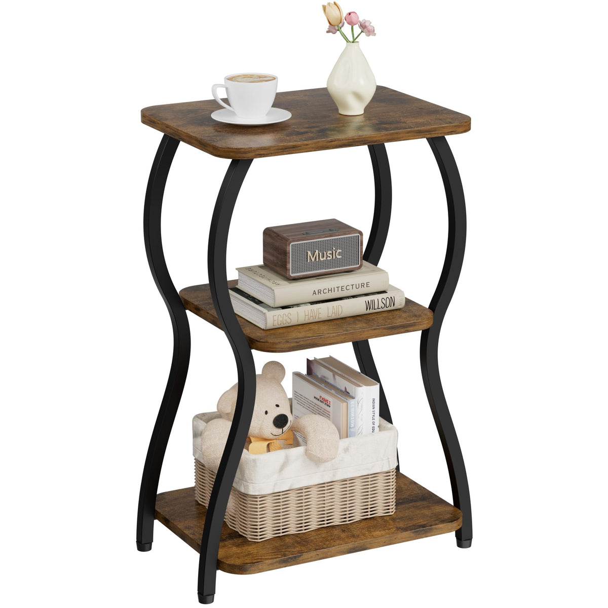 JUSTOGO Side Table, Small End Table for Small Spaces, 3-Tier Tall Nightstand Sofa Corner Accent Table Coffee Table with Storage Shelf for Living Room, Bedroom, Patio, Home Decor, Rustic Brown