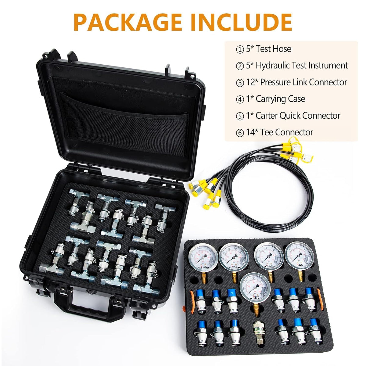 Hydraulic Pressure Test Kit,600bar /8700psi / 60mpa 5 Gauges 13 Test Couplings 14 Tee Connectors 5 Test Hoses, Hydraulic Gauge Kit Sturdy Carrying Case for Excavator Construction Machinery Ships Mine