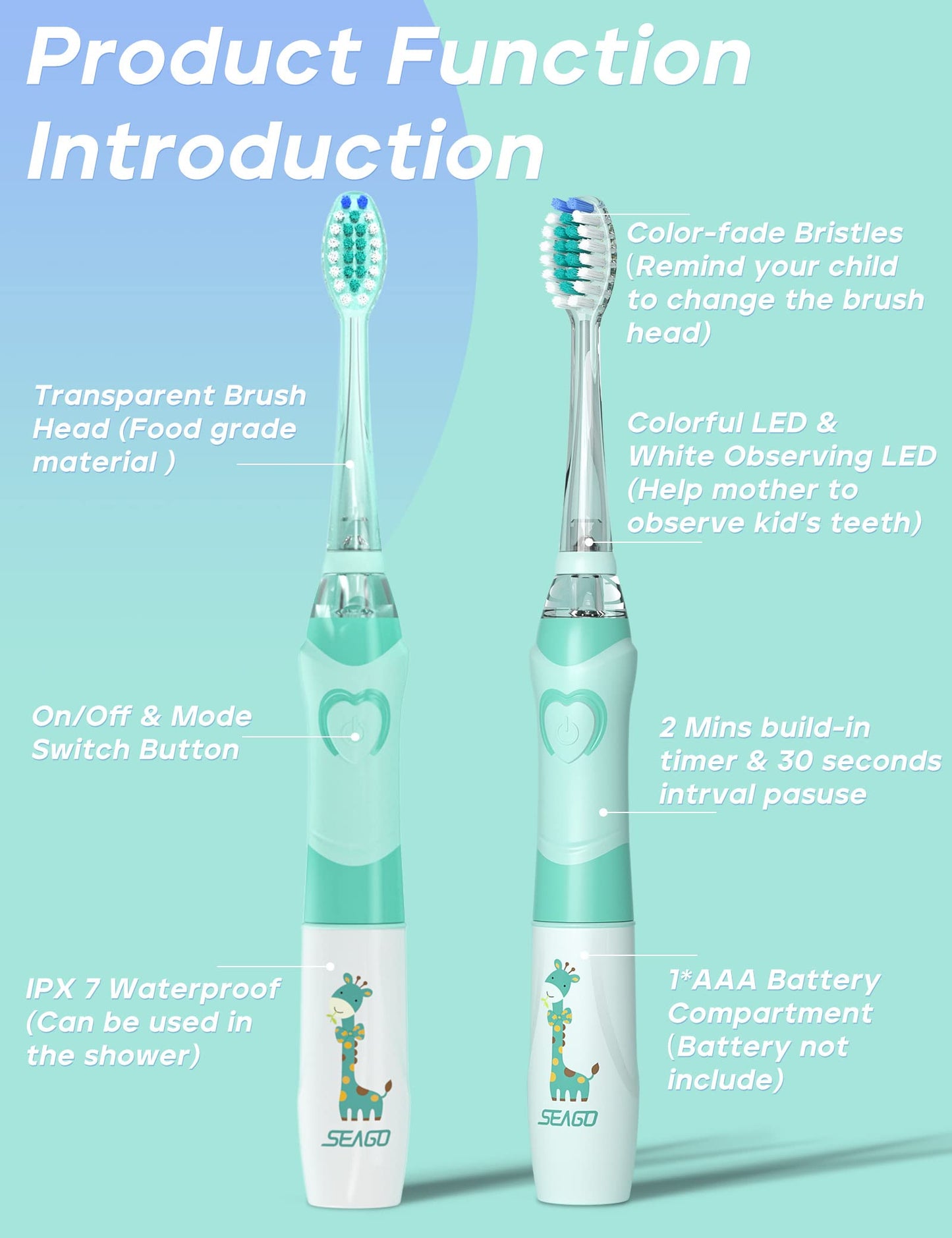 SEAGO Kids Electric Toothbrush with 2 Mins Brushing Timer and 8 Replacement Bursh Heads,Rainbow LED Light Make Brushing Fun, Pink Color Girls Battery Powerd Toothbrush for 4-12 Years Old