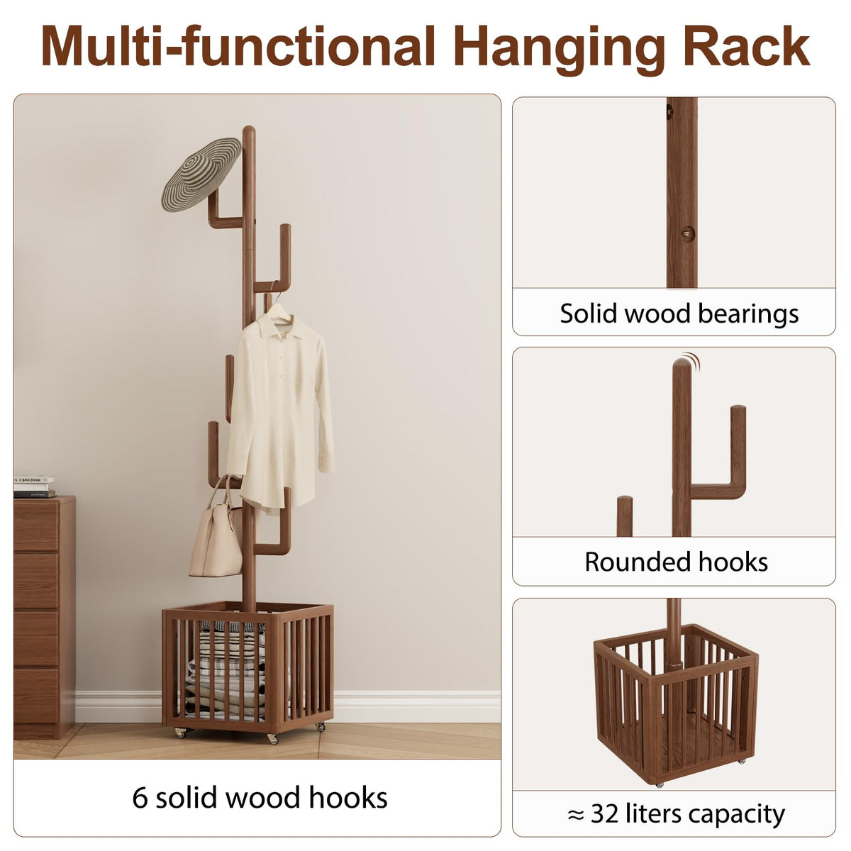 YQJJGL Solid Wood Cactus Coat Rack, Freestanding Coat Rack with 6 L-Shaped Hooks and Storage Basket, for Coats, Hats, Handbags, Coat Tree for Entryway, Bedroom, Living Room, Walnut