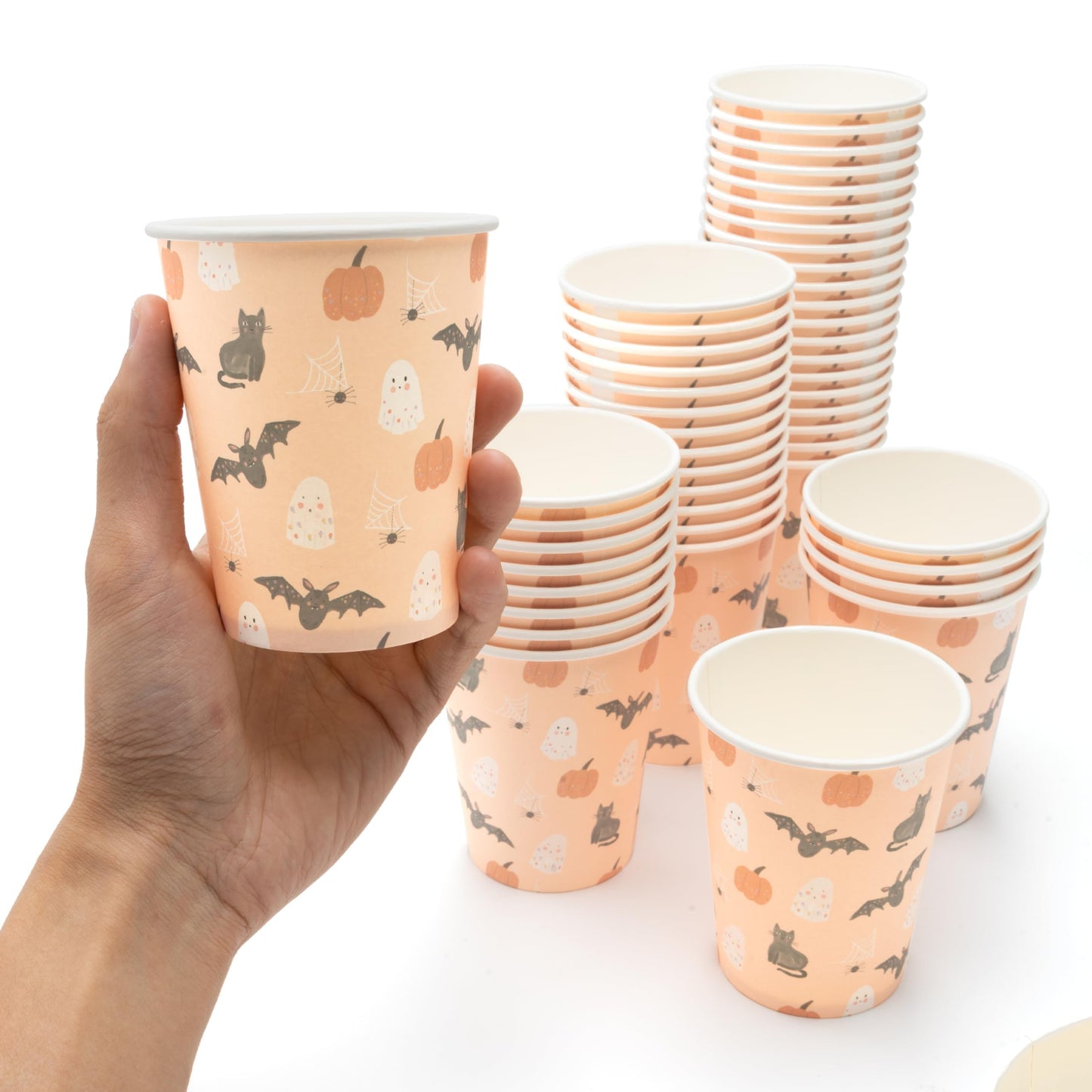 Cheerland Halloween Party Cups Pumpkin Disposable Paper Cups for Kid Spooky Ghost Birthday Party Cup Pink Halloween with Pastel Bat Cat Print Kids Birthday Summerween Supplies Pack of 50