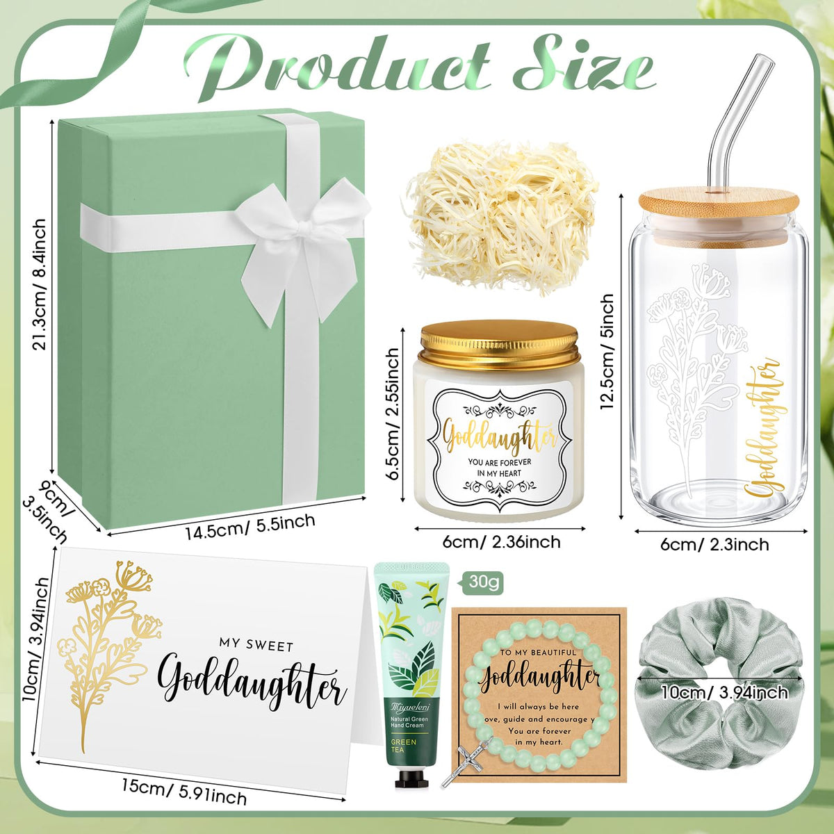Teenyyou 9 Pcs Goddaughter Gifts from Godmother Glass Cup Bracelet Scented Candle Cream Hair Scrunchies Card Gift Box Set for Goddaughter Baptism(Sage Green)