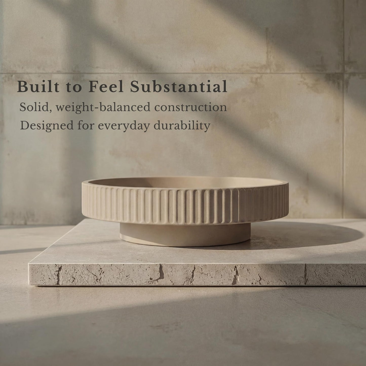 JUPTR Concrete Fruit Bowl (12") – Shallow Fluted Pedestal Decorative Centerpiece Bowl for Table, Entryway Catch-All & Modern Home Decor – Heavyweight Stone Bowl (Beige)