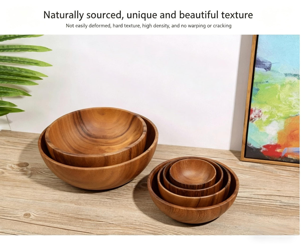 Acacia Wood Serving Bowls, Nesting Wooden Bowls, Natural Handcrafted Bowls for Salad, Fruit, Snack, Cereal, Popcorn, Food-Safe & Durable for Kitchen, Dining & Parties