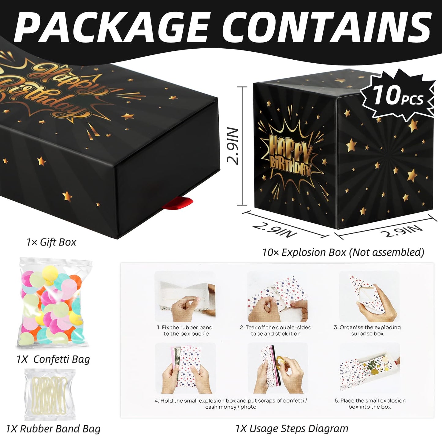 WenmthG Happy Birthday Surprise Gift Box Explosion for Money - DIY Pop Out Folding Bounce Explosion Gift Box with Confetti - Birthday Money Bank - Cash Gift Idea for Women Men Kids (Black Gold)